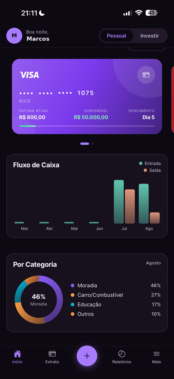 Cartão, fluxo de caixa e categorias no Dinherize