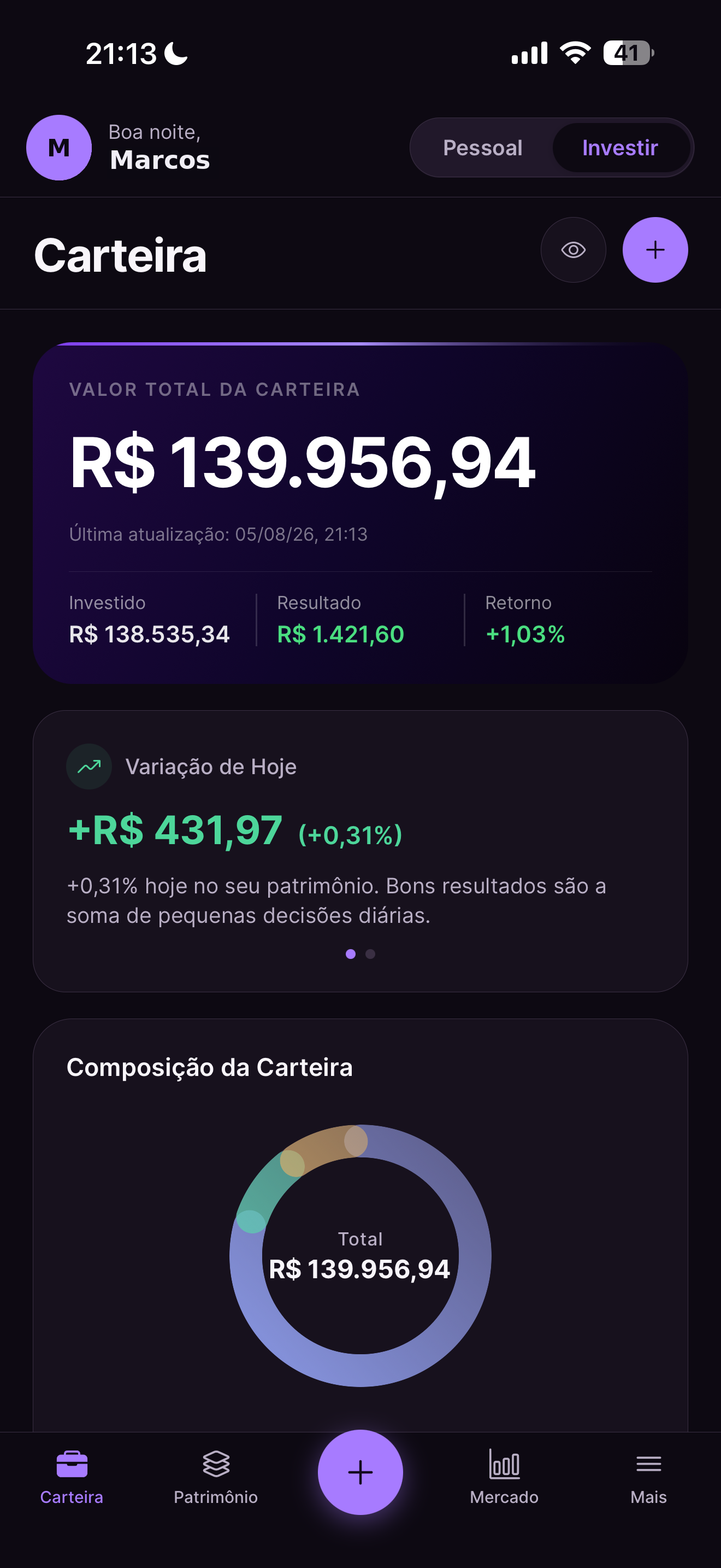 Tela da carteira Dinherize