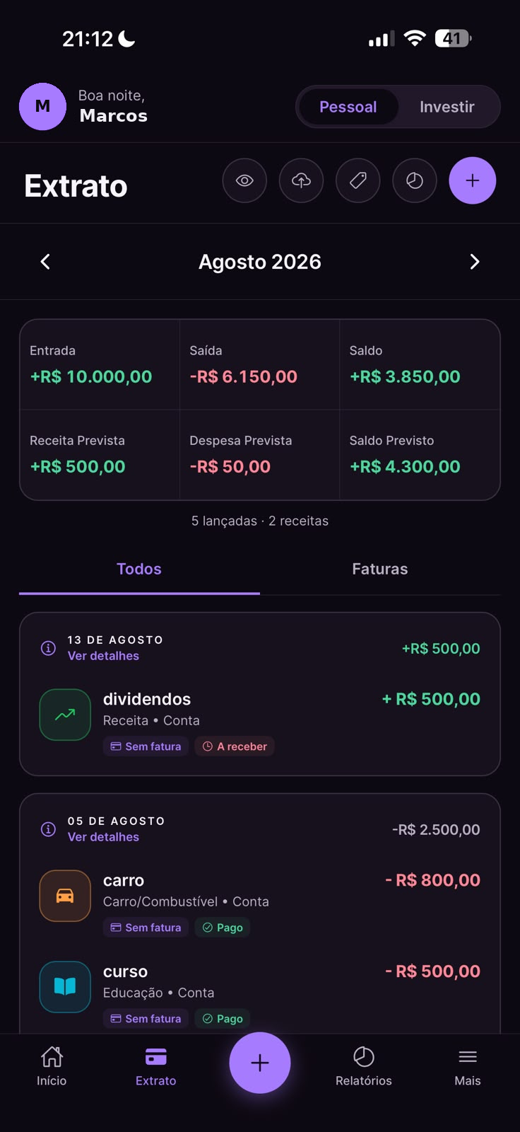 Extrato mensal no Dinherize