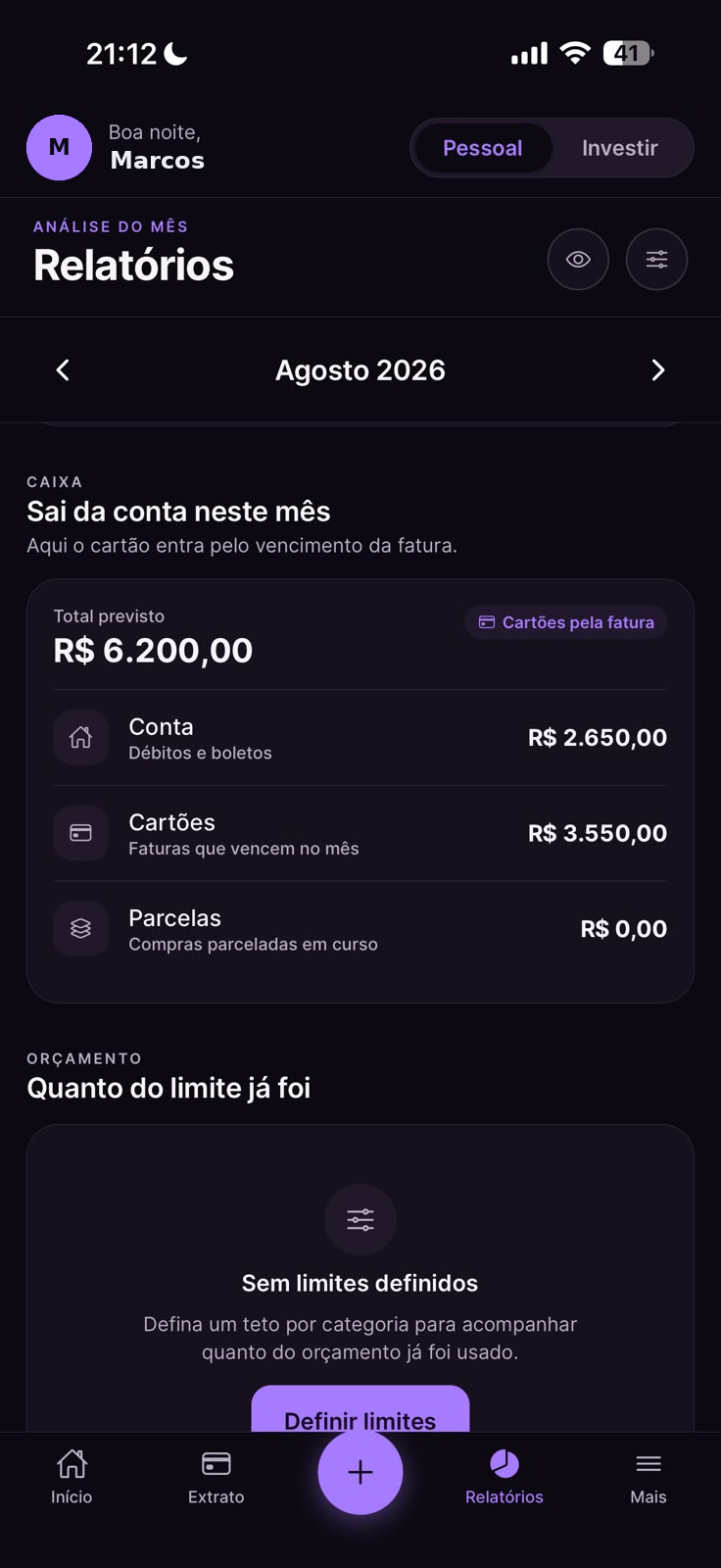 Relatórios e orçamento no Dinherize