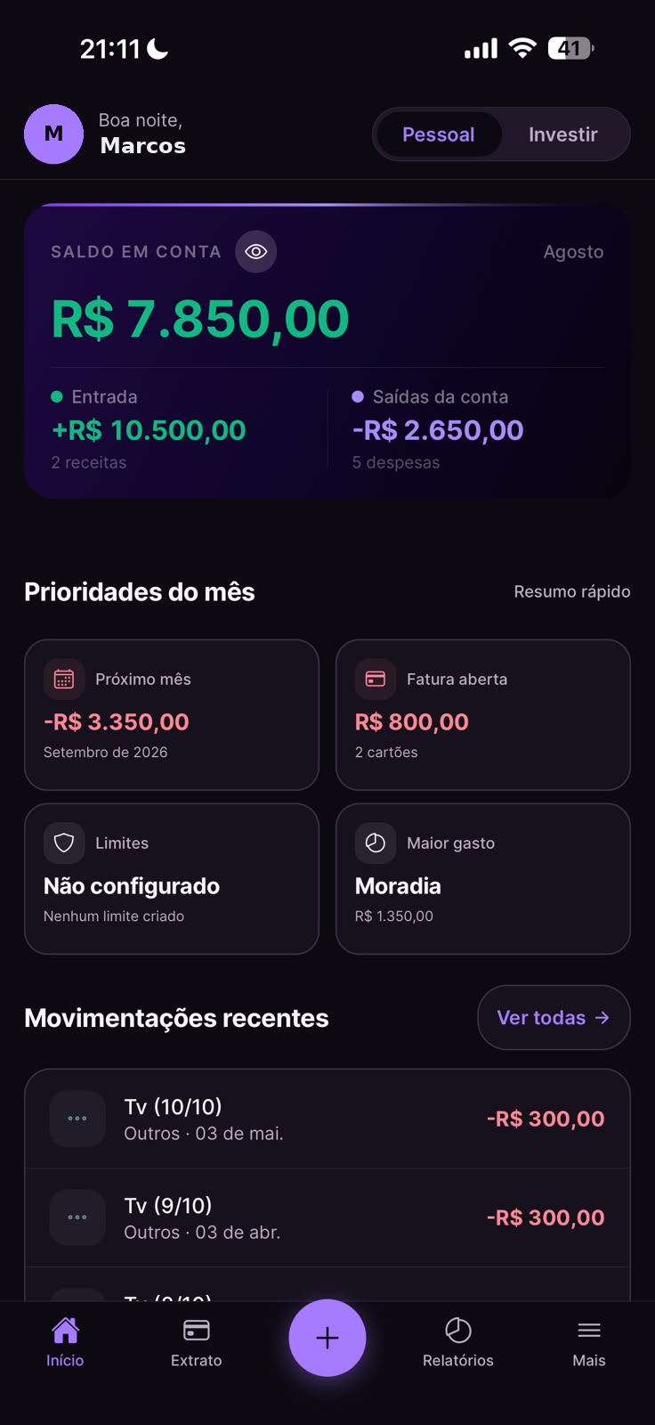 Saldo e prioridades do mês no Dinherize